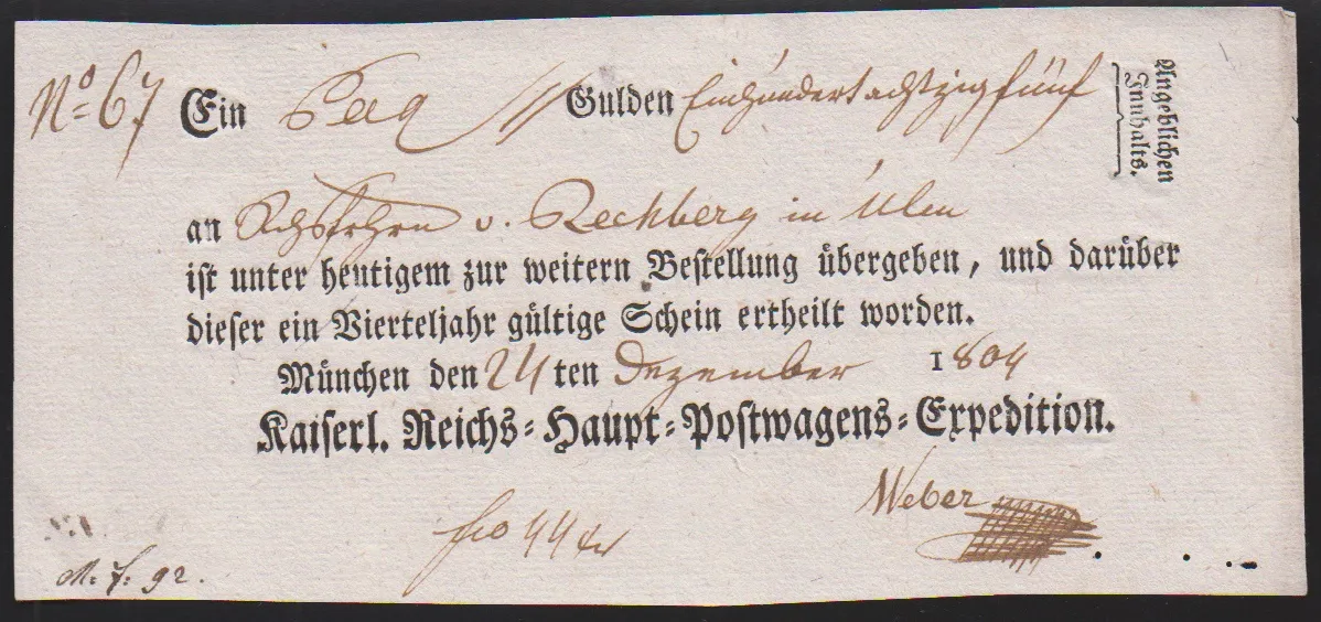 "München", 1804, Ortsdruck-Postschein "Kaiserl. Reichs-Haupt-Postwagens-Expedition"