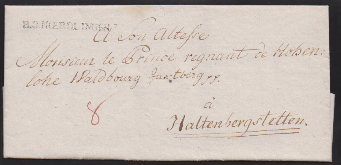 "Nördlingen", 1792, první L1 "V. NORDLINGEN" na dopise do Würzburgu, plus šlechtický dopis 1803 z Wallersteinu s L1 "R.3.NOERDLINGEN", Feuser 2526-1, -4