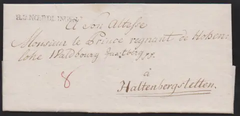 "Nördlingen", 1792, erster L1 "V. NORDLINGEN" auf Brief nach Würzburg, sowie Adelsbrief 1803 aus Wallerstein mit L1 "R.3.NOERDLINGEN", Feuser 2526-1, -4
