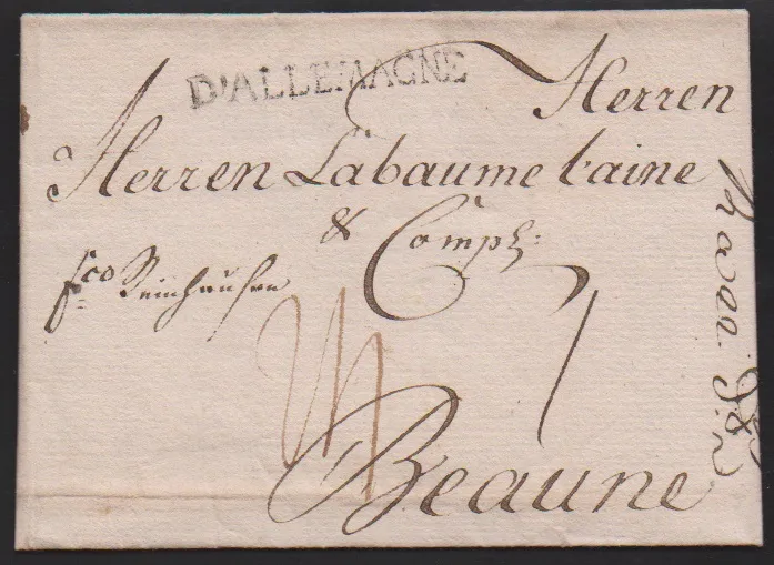 "Nürnberg", 1784/85, dva zahraniční dopisy "franco Coblentz" resp. "fco. Cöllen" podle Hodimont/Belgie, plus dopis 1799 s L1 "D' ALLEMAGNE" do Beaune a…