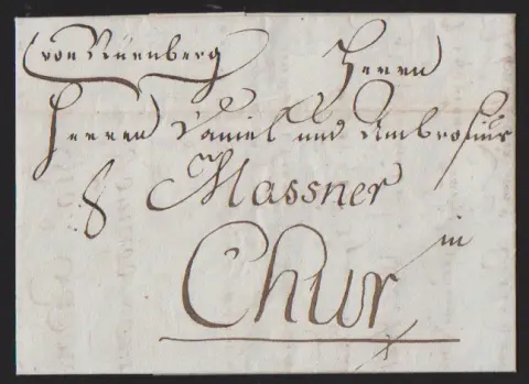 "Nürnberg", 1795, hs. Aufgabe auf Brief nach Chur, sowie drei Briefe 1796 ("Nurnberg"), 1803 ("V. NURNBERG") und 1805 ("R.3. Nurnberg") je mit L1, Feuser…