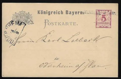 "Odernheim", Aushilfs-L2, und "Odenbach", Aushilfs-L1, auf zwei 5 Pfg.-Ganzsachenkarten 1887/89