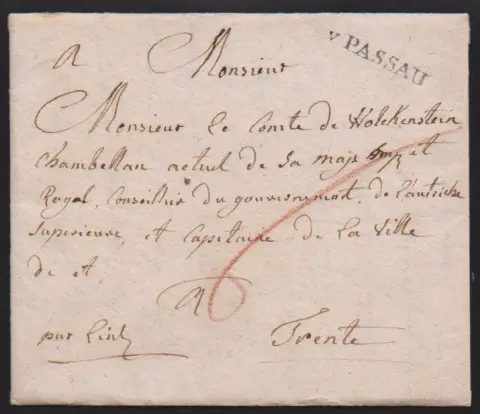 "Passau", 1786/99, beide Typen des L1 "V. PASSAU" auf zwei Briefen nach Prag bzw. Trient, 2699-1, -2