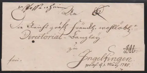 "Possenheim", 1788, hs. Aufgabe "v. Possenheim" auf Brief, sowie klarer erster L1 "POSSENHEIM.R.3" auf Adelscouvert (1803)