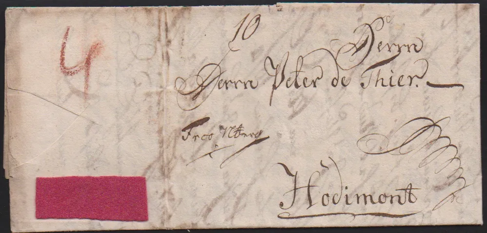 "Regensburg", 1781, Auslandsbrief "Frco Nberg" nach Hodimont mit angeklebtem Stoffmuster