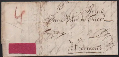 "Regensburg", 1781, Auslandsbrief "Frco Nberg" nach Hodimont mit angeklebtem Stoffmuster