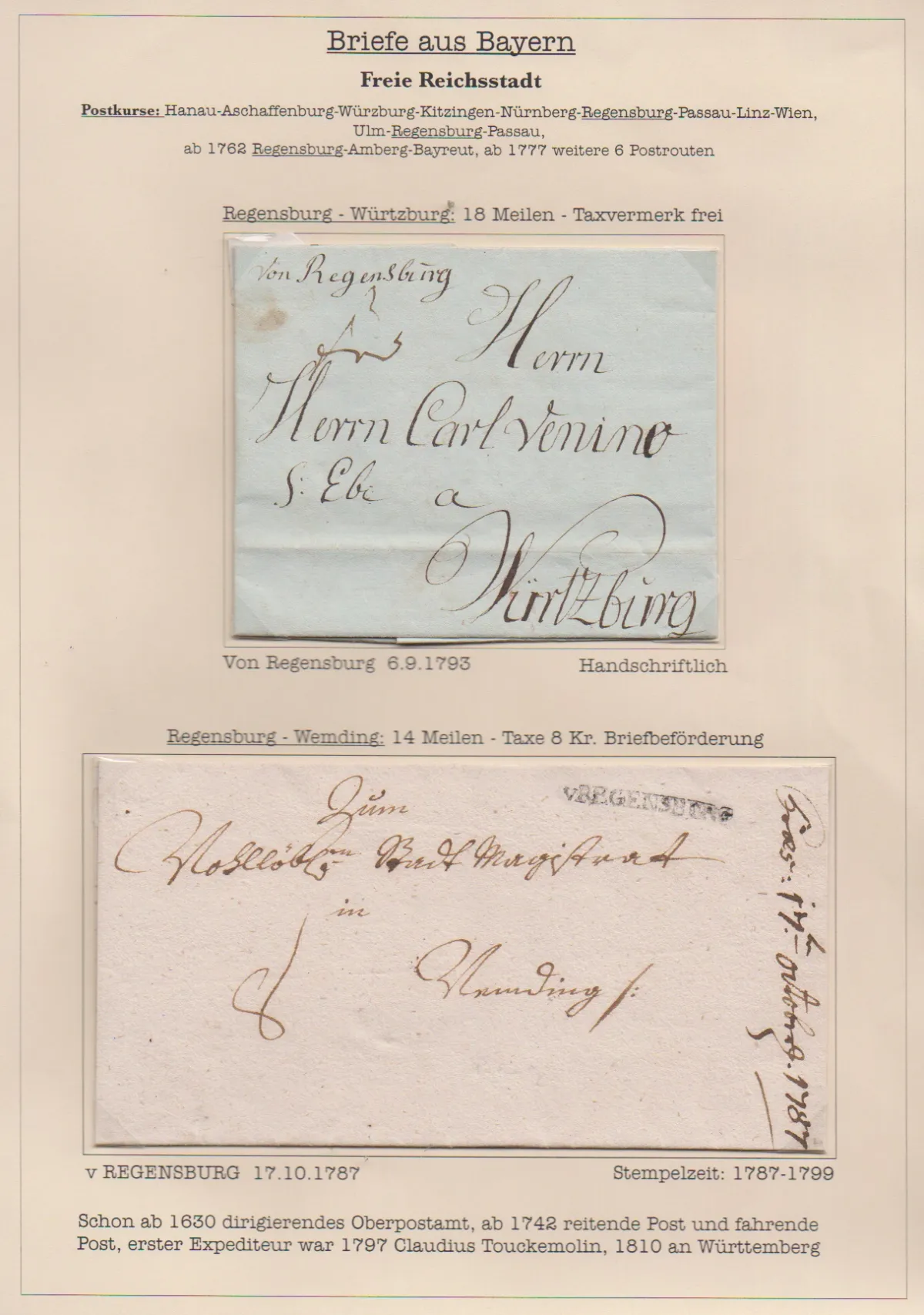 "Регенсбург", 1793, рукописная сдача "v. Regensburg" на письме, а также первый L1 "V. REGENSBURG" на письме 1787 и второй L1 "REGENSPURG" на двух письмах…