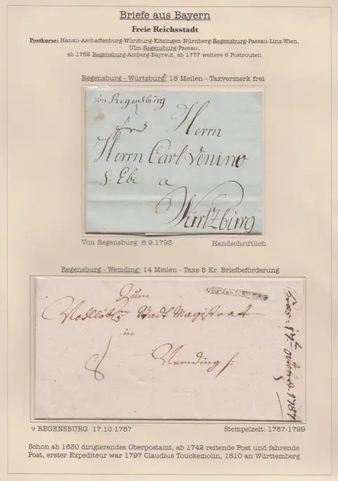 "Regensburg", 1793, hs. Aufgabe "v. Regensburg" auf Brief, sowie erster L1 "V. REGENSBURG" auf Brief 1787 und zweiter L1 "REGENSPURG" auf zwei Briefen…