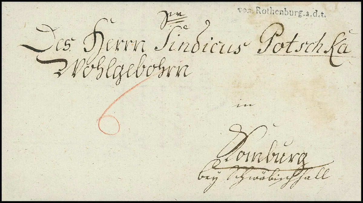"Rothenburg ob der Tauber", 1785, handgeschreven vermelding "de Rothenburg", en 1796 de zeldzame eerste L1 "von Rothenburg a.d.t." (Feuser 800,-), op twee...