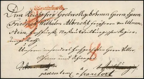 "Schweinfurth", 1793, roter L1 "V. Schweinfurth" auf Nachsende-Adelsbrief mit Inhalt, sowie auf weiterem Brief, Feuser 3269-5, je 300,-