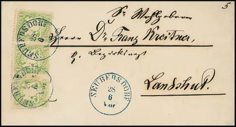 "Seubersdorf", guter blauer K1 klar auf Kabinettcouvert mit Paar und Einzelstück 1 Kr. hellgrün, sign. Brettl