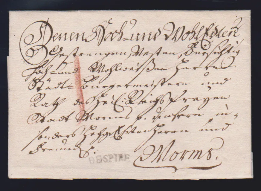 "Speyer", 1704, zeer vroege handgeschreven postale roodkrijtvermelding "de Spire" op brief naar Heidelberg, en de zeer zeldzame eerste L1 "SPIRE" (lengte...