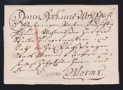 "Speyer", 1704, sehr frühe handschriftliche postalische Rötelaufgabe "de Spire" auf Brief nach Heidelberg, ferner der sehr seltene erste L1 "SPIRE" (Länge…