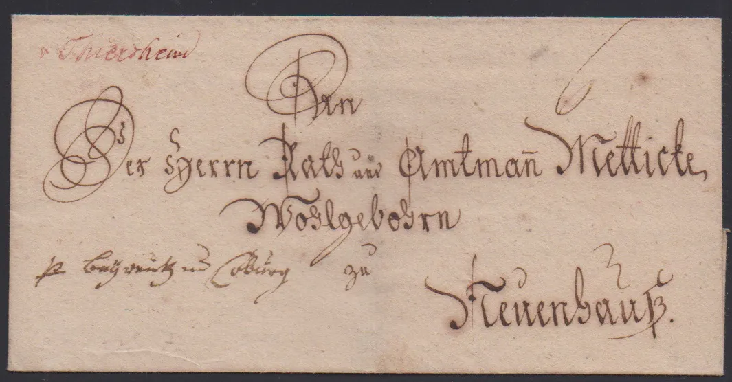 "Thiersheim", (1792), hs. rote Tintenaufgabe "v. Thiersheim" auf Briefhülle