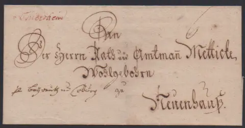 "Thiersheim", (1792), hs. rote Tintenaufgabe "v. Thiersheim" auf Briefhülle