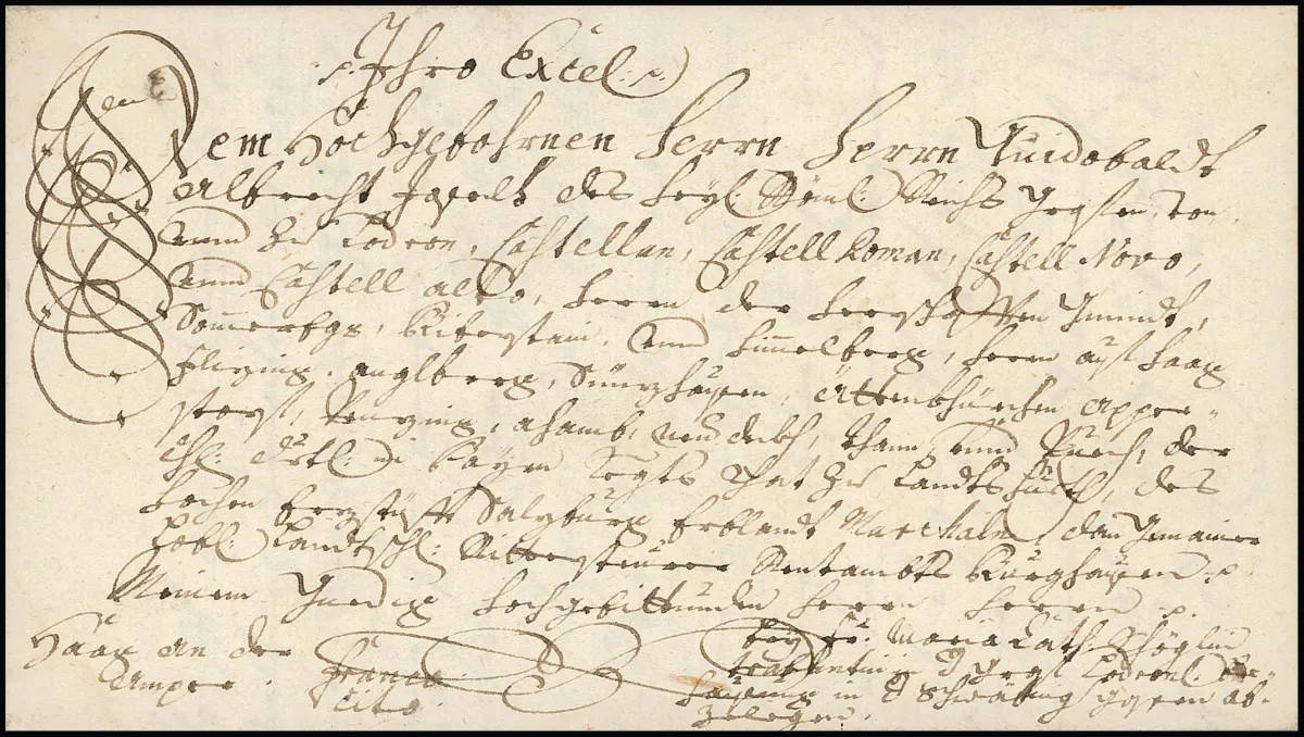 "Wasserburg", 1716, zehn kalligraphisch besonders schön adressierte Schnörkelbriefe mit vielzeiliger Ergebenheitsadresse an den Grafen Guidobald Joseph von…