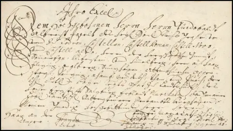"Wasserburg", 1716, zehn kalligraphisch besonders schön adressierte Schnörkelbriefe mit vielzeiliger Ergebenheitsadresse an den Grafen Guidobald Joseph von…