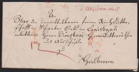 "Weissenstadt", 1792, hs. rote Tintenaufgabe "v. Weissenstadt" auf Brief