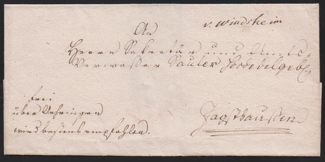 "Windsheim", (1790), Brief mit hs. Aufgabe "v. Windsheim", sowie der erste L1 "V. WINDSHEIM" auf Brief 1802