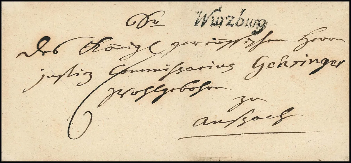 "Würzburg", 1760, dekorativer Adels-Chargébrief gegen Recepisse nach Castell, ferner Chargébrief 1804 mit rotem L1 "R.3. Würzburg", sowie die große Sondertype…