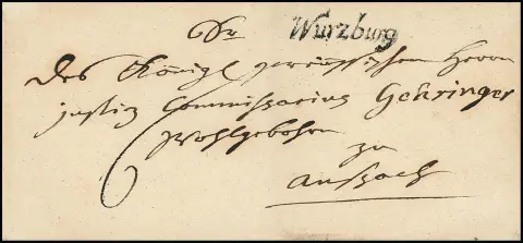 "Würzburg", 1760, dekorativer Adels-Chargébrief gegen Recepisse nach Castell, ferner Chargébrief 1804 mit rotem L1 "R.3. Würzburg", sowie die große Sondertype…