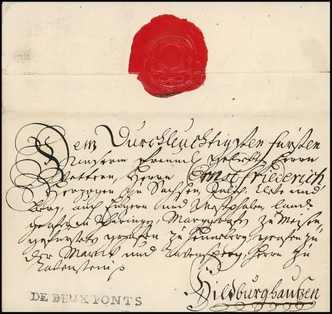 "Zweibrücken", 1741, erster L1 "DE DEUX PONTS" klar auf dekorativ adressiertem Adelsbrief von Ludwig, Erbprinz zu Hessen, mit eigenhändiger Unterschrift, an…
