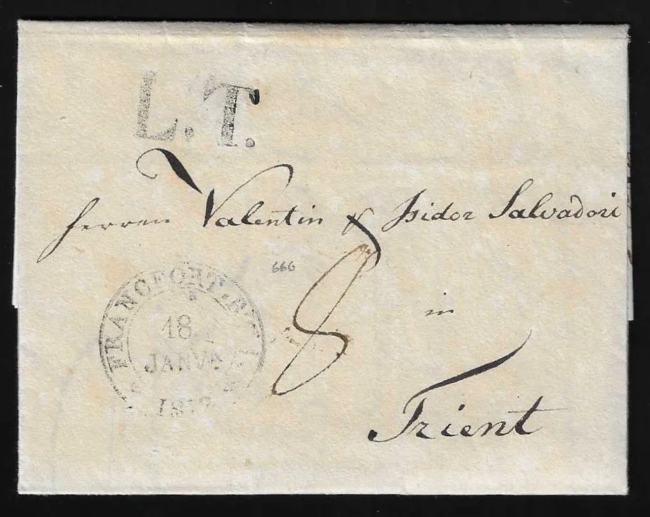 Transit, 1812, "L.T.", großer L1 von Augsburg auf Brief aus Crefeld via Frankfurt (vs. K2) nach Trient