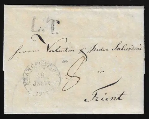 Transit, 1812, "L.T.", großer L1 von Augsburg auf Brief aus Crefeld via Frankfurt (vs. K2) nach Trient