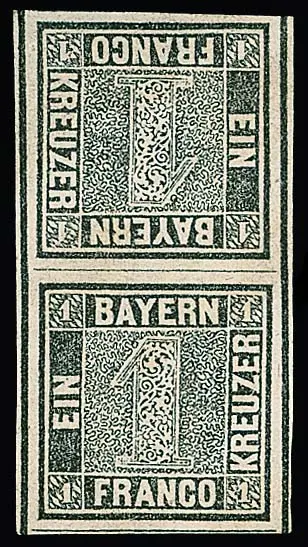 1 Kr. schwarz, senkrechtes Kehrdruckpaar als Sperati-Fälschung in Type C, sign. Sperati und Fotoexp. Stegmüller