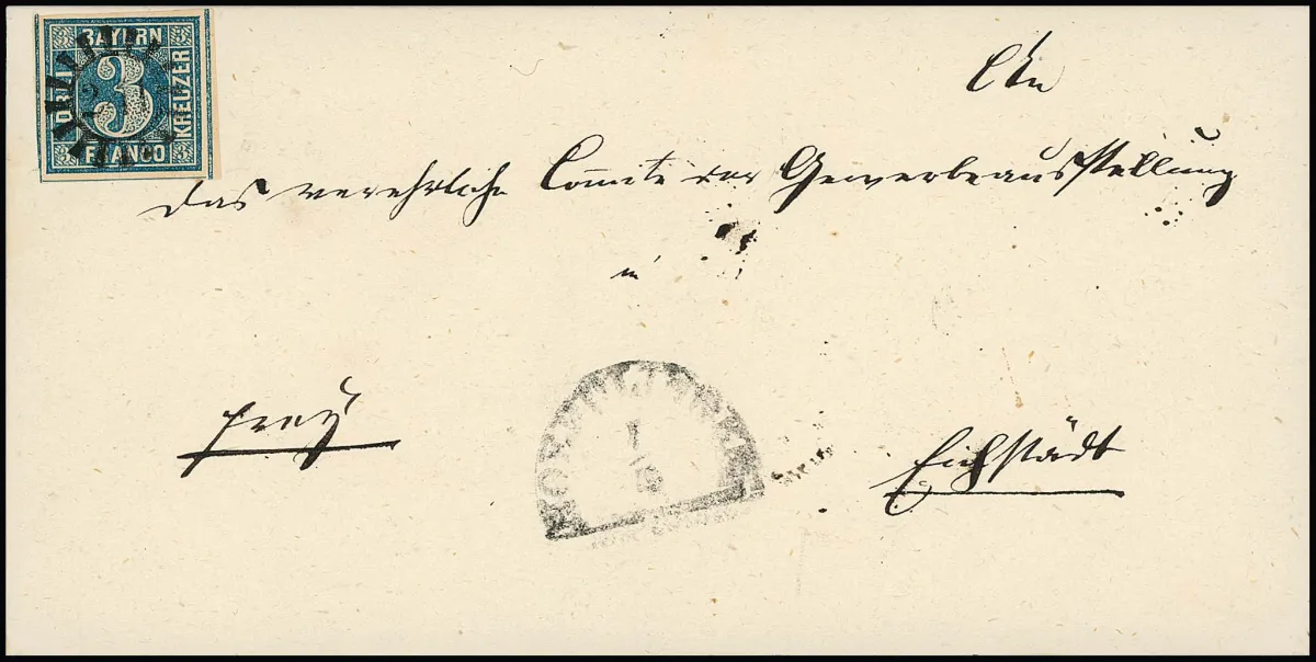 3 Kr. bleu, plaque I, larges marges du bord droit, sur lettre de cabinet fraîche avec gMR centré "241" et HK "Nördlingen" pour Eichstädt, signé Brettl