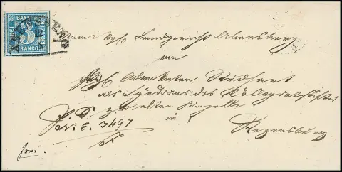 3 Kr. blau, Platte I, breitrandig, mit HK "Abensberg" und schwarzem Federzug auf Brief 1850 nach Regensburg