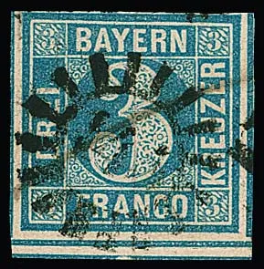 3 Kr. bleu, Plaque I, en bas avec double ligne de séparation épaisse, pièce magnifique pleine à large marge avec gMR "145" (Ingolstadt) et trait de plume, photo exp. Schmitt. Mi. 400,-