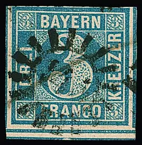 3 Kr. blau, Platte I, unten mit dicker, doppelter Trennungslinie, voll- bis breitrandiges Prachtstück mit gMR "145" (Ingolstadt) und Federzug, Fotoexp.…