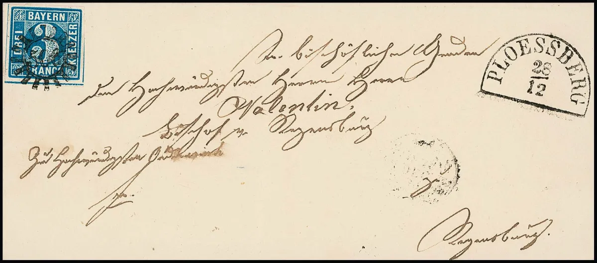 3 Kr. bleu sur lettre cabinet d'évêque avec gMR "506" et HK "Ploessberg" à l'évêque Valentin à Regensburg