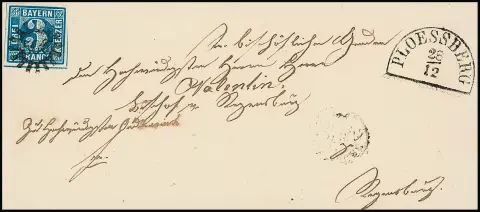 3 Kr. blau auf Kabinett-Bischofsbrief mit gMR "506" und HK "Ploessberg" an Bischof Valentin in Regensburg