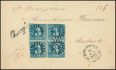 3 Kr. blau, Platte 2, vier Exemplare, ehemals als Viererblock zusammengehörig, zwei Marken leicht berührt, Marken waren gelöst und sind leicht versetzt…