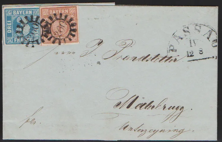 3 Kr. modrá, Deska II, a 6 Kr. hnědá, Deska I, na kabinetním dopise 1851 s gMR "260" a HK "Passau" do Möderbrugg u Unterzeyring/Rakousko, sign. Brettl