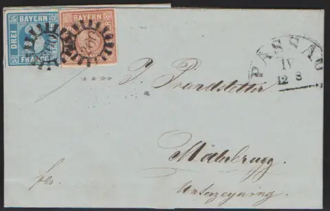 3 Kr. blau, Platte II, und 6 Kr. braun, Platte I, auf Kabinettbrief 1851 mit gMR "260" und HK "Passau" nach Möderbrugg bei Unterzeyring/Österreich, sign. Brettl