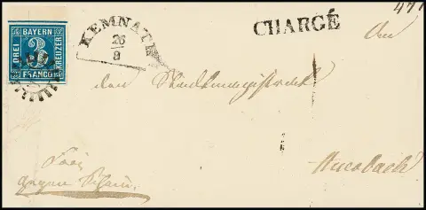 3 Kr. blau, ausgefüllte Ecken, oben mit breitem Oberrand, auf Kabinett-Chargébrief mit gMR "154" und HK "Kemnath"