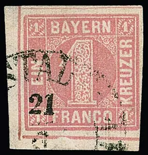 1 Kr. roze, kleine linkeronderhoek van kabinetvel op zeldzaam geribd papier, foto exp. Sem