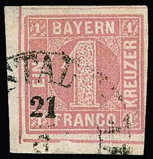 1 Kr. rosa, kleine linke untere Kabinett-Bogenecke auf seltenem geripptem Papier, Fotoexp. Sem