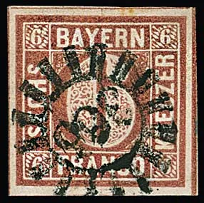 6 Kr. braun, Type I, breitrandiges Kabinettstück mit gMR "366" (Waging), Mi. 300,-