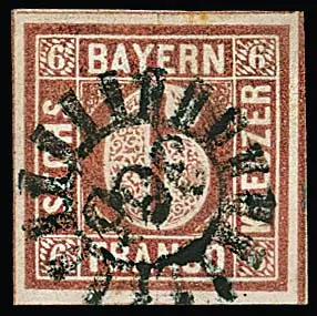6 Kr. braun, Type I, breitrandiges Kabinettstück mit gMR "366" (Waging), Mi. 300,-