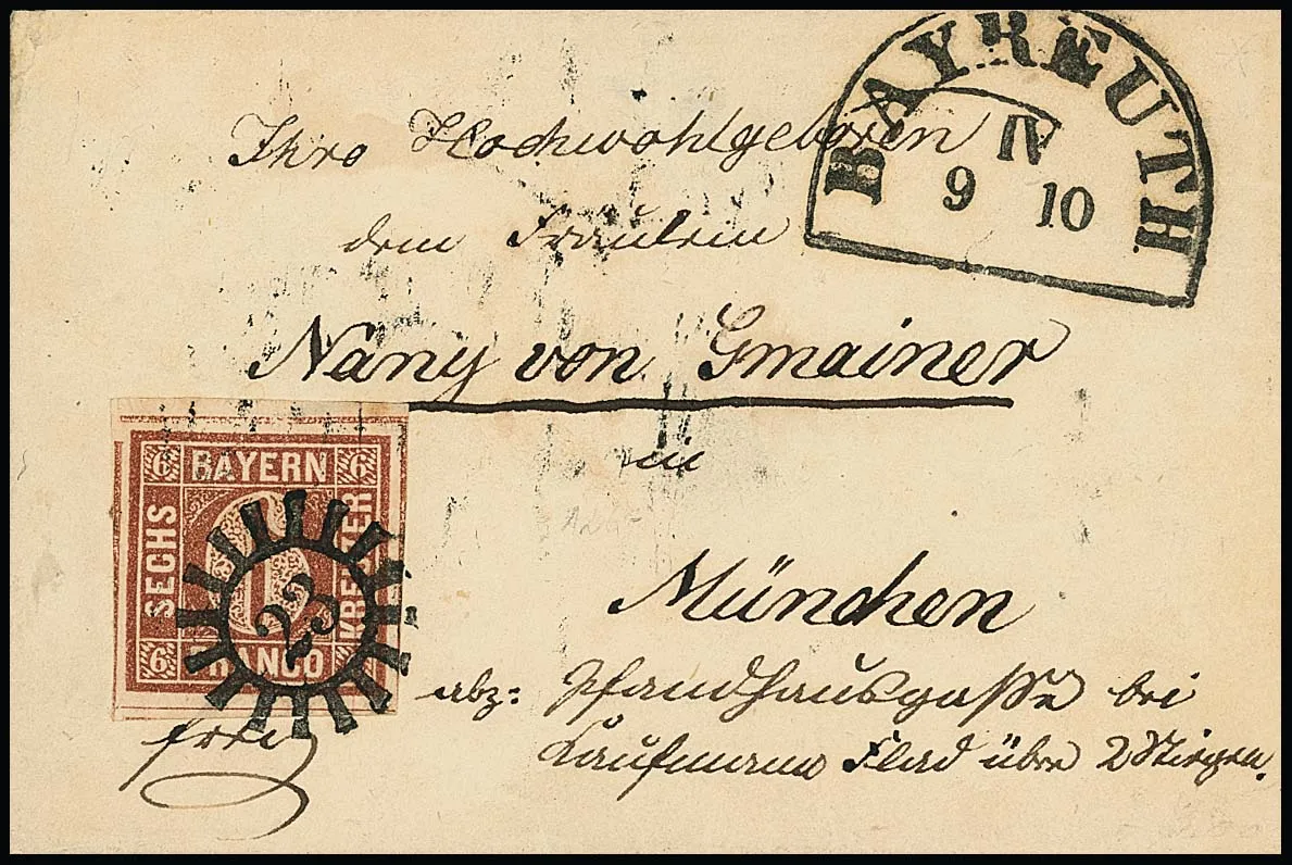 6 Kr. brun, Type I, coin de feuille supérieur droit sur lettre de noblesse avec gMR "23" et HK "Bayreuth" 1850 pour Munich, certificat Sem. Mi. 800,-
