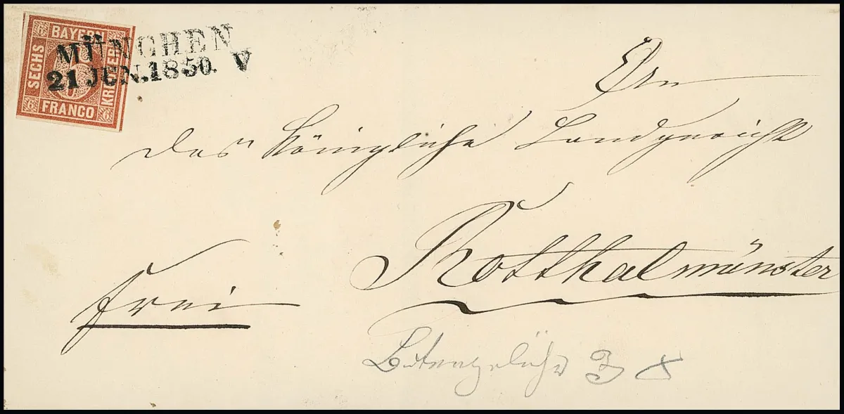 6 Kr. braun, Type I, voll-, meist breitrandig, auf Kabinettbrief mit L2 "München" nach Rotthalmünster. Dieser Ort hatte 1850 noch kein eigenes Postamt, so…