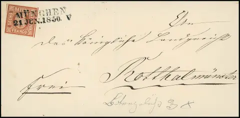 6 Kr. braun, Type I, voll-, meist breitrandig, auf Kabinettbrief mit L2 "München" nach Rotthalmünster. Dieser Ort hatte 1850 noch kein eigenes Postamt, so…