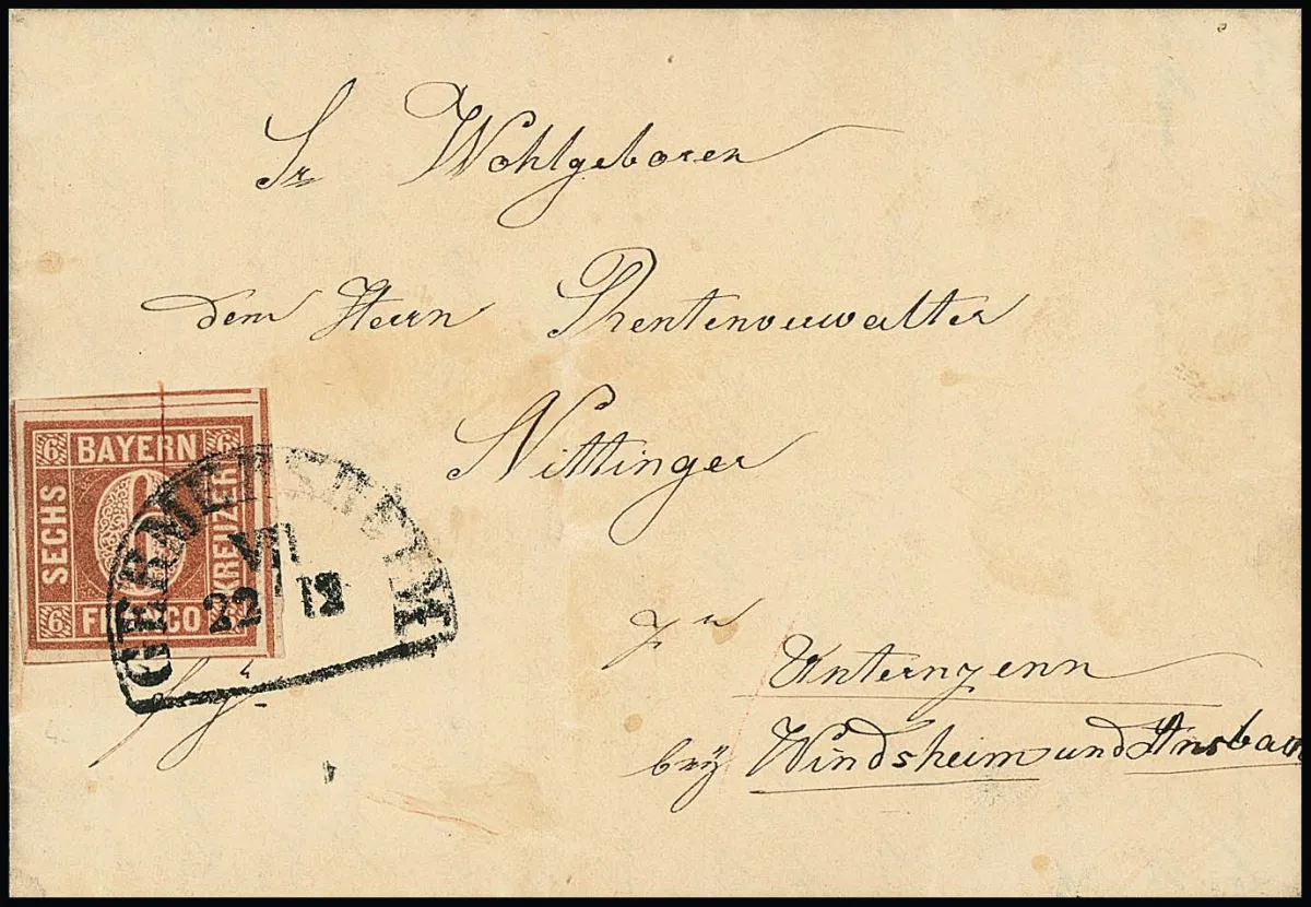 6 Kr. braun, Type I, ausgefüllte Ecken, voll- bis überrandiges Kabinettstück (oben Nebenmarke) auf Faltbrief mit HK "Germersheim", sign. Brettl und Attest…