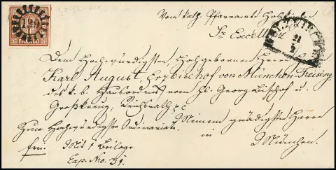 6 Kr. braun auf Kabinett-Bischofsbrief mit gMR "139" und HK "Holzkirchen", an Bischof Karl August in München