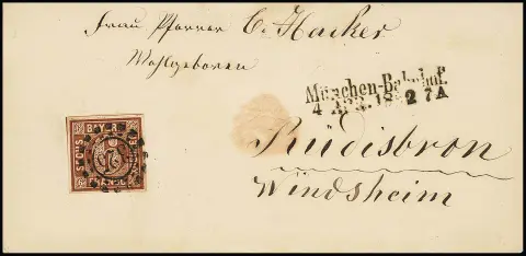6 Kr. braun auf Prachtcouvert mit oMR "325" und seltenem Neben-L2 "München-Bahnhof" in Sondertype, 1862. Sign. Schmitt