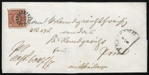 6 Kr. braun auf spät verwendetem Kabinettbrief mit gMR "137" und HK "Freising" 1861 nach Prien